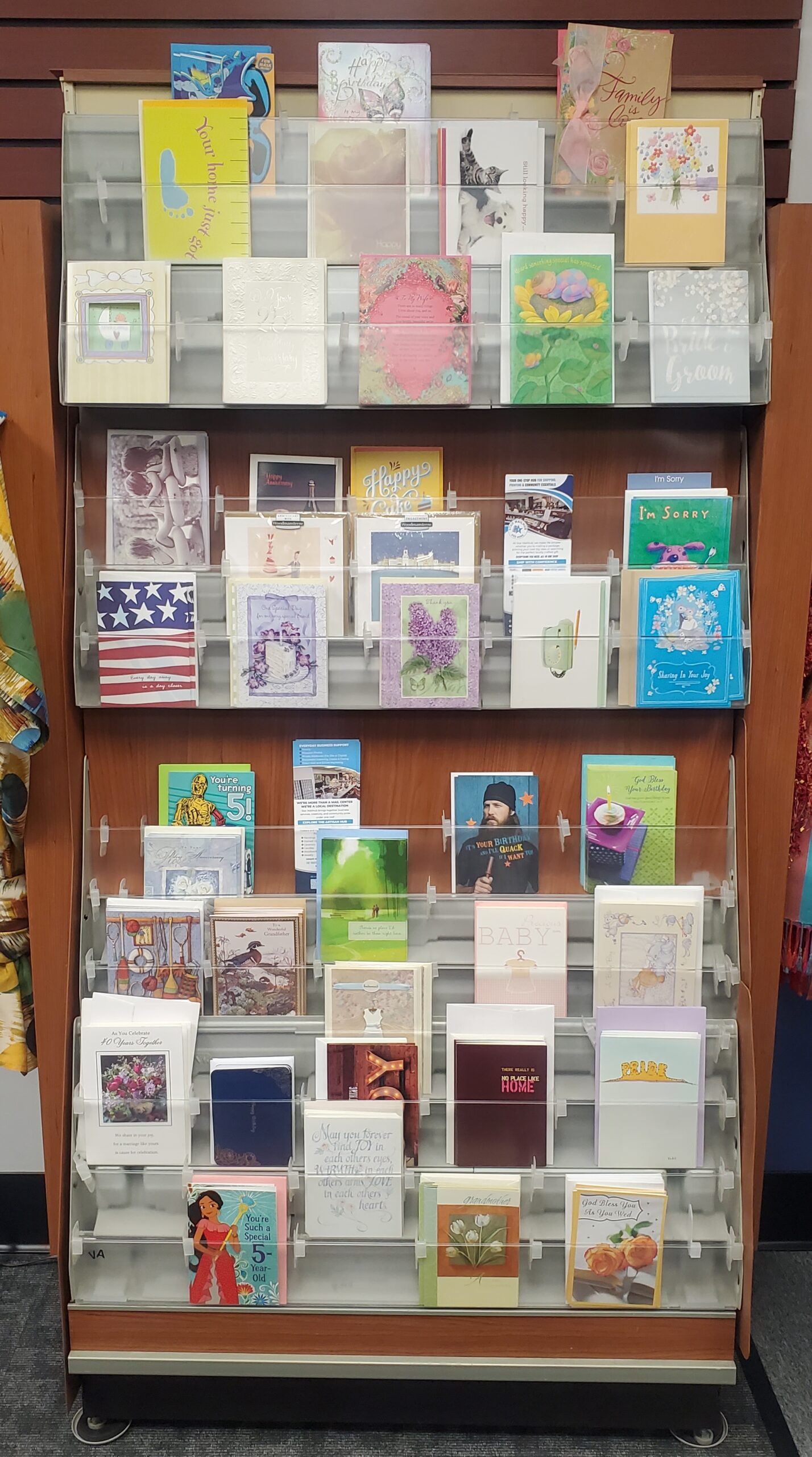Large display of specialty and commercial greeting cards at Star MailHub Print & Business Center in Roanoke, Virginia.