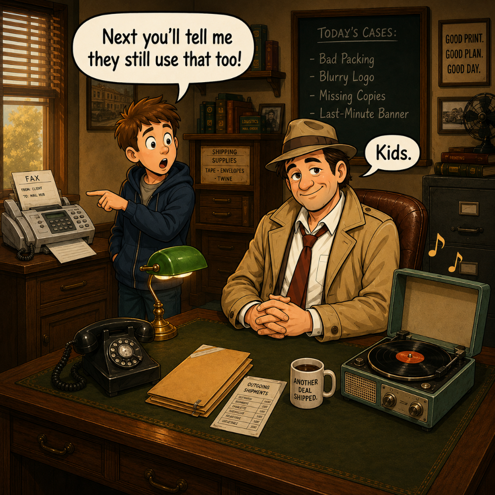 Stan Millhaub beside a fax machine in his office as a surprised child points and asks whether fax machines are still used.