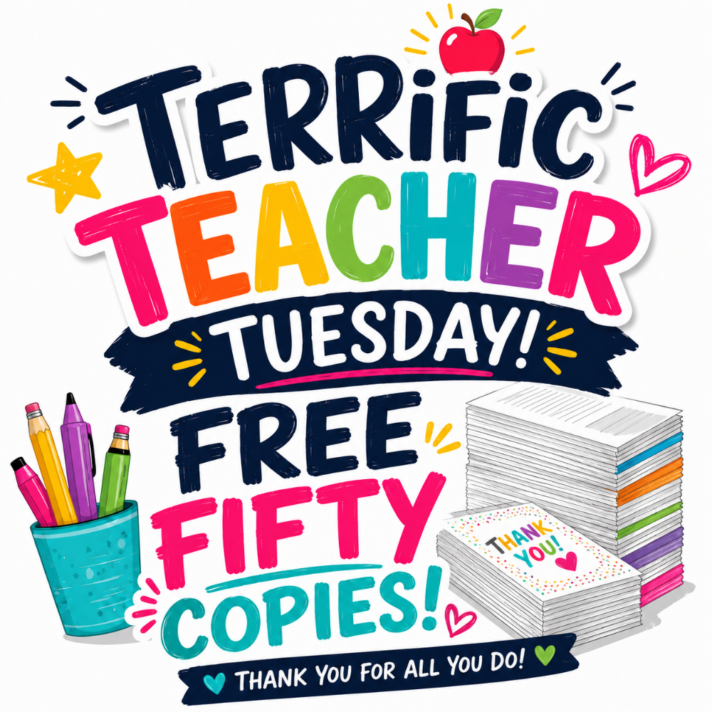 Terrific Teacher Tuesday promotion offering 50 free classroom copies