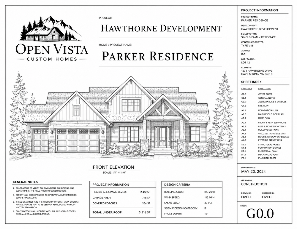 Traditional black-and-white architectural plan-set cover for the Parker Residence.