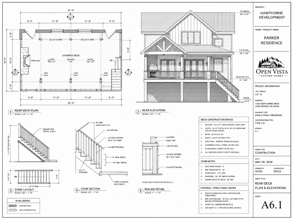 Traditional black-and-white architectural deck and rear exterior plan for the Parker Residence.
