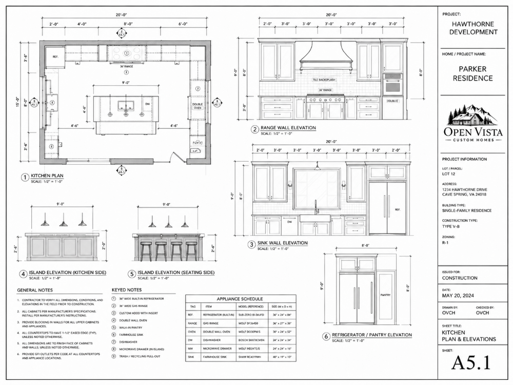 Traditional black-and-white architectural kitchen plan for the Parker Residence.