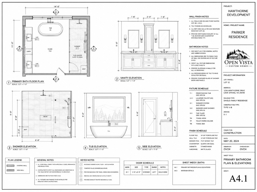 Traditional black-and-white architectural bathroom plan for the Parker Residence.