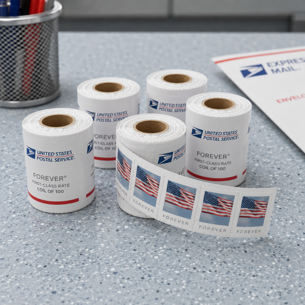 Several rolls of USPS Forever stamps on a counter at Star MailHub and More in Roanoke, Virginia.