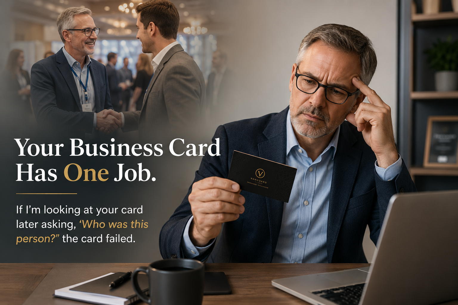 Business professional looking at a business card after a networking event and struggling to remember who the person was.