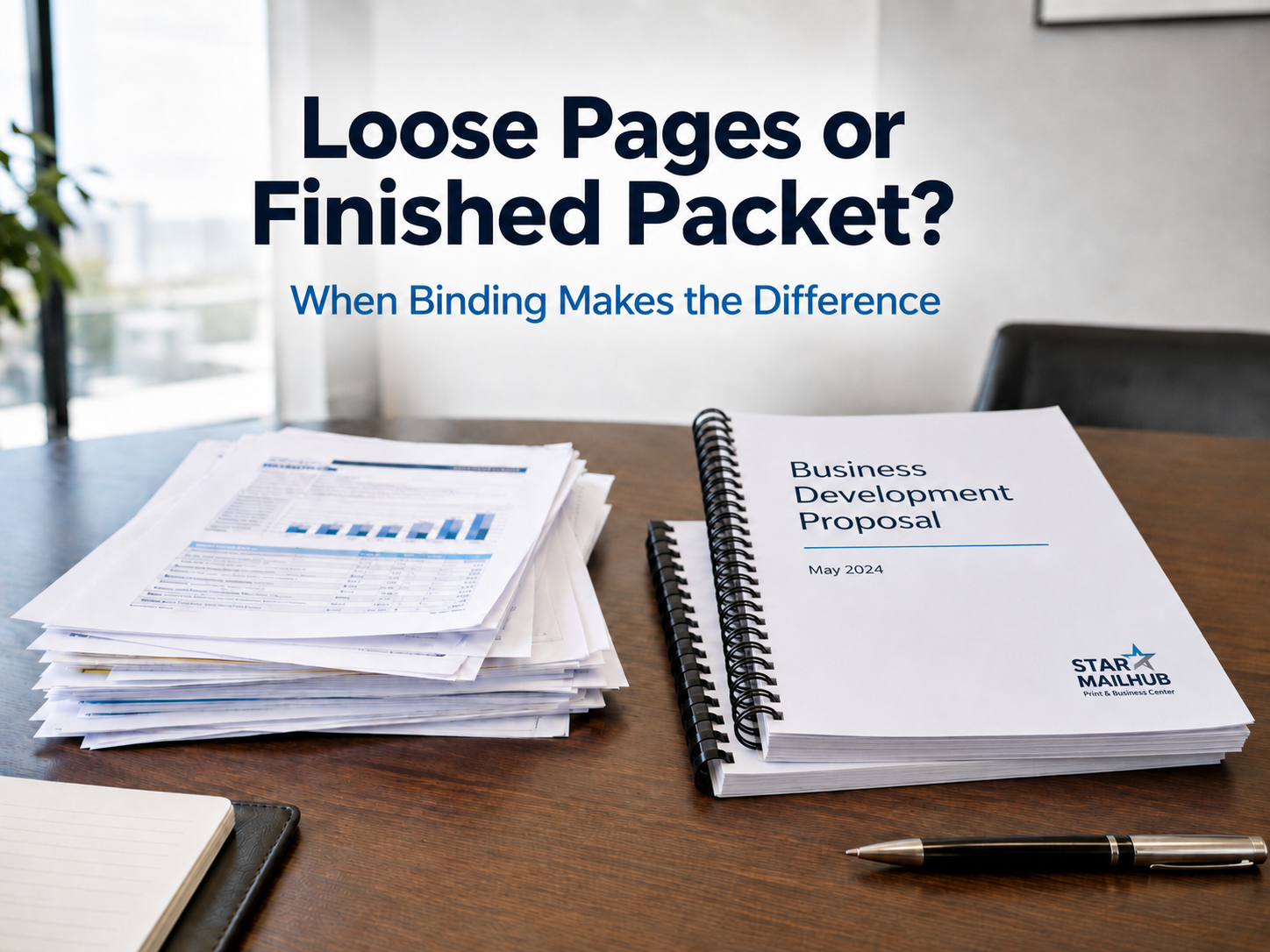 Loose business documents beside a professionally spiral-bound proposal, showing the difference document binding can make.