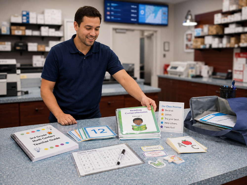 Star MailHub employee presenting printed, laminated and bound classroom materials for a teacher project