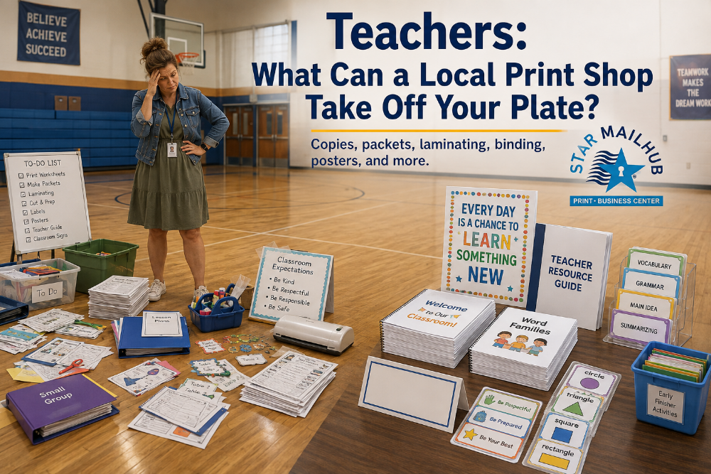 Teacher surrounded by classroom projects and finished printed materials, showing how Star MailHub Print and Business Center can help with copies, packets, laminating, binding, posters, and classroom prep.