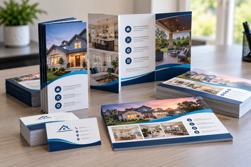 Coordinated printed business marketing materials including business cards, postcards, and a tri-fold brochure arranged on a table.